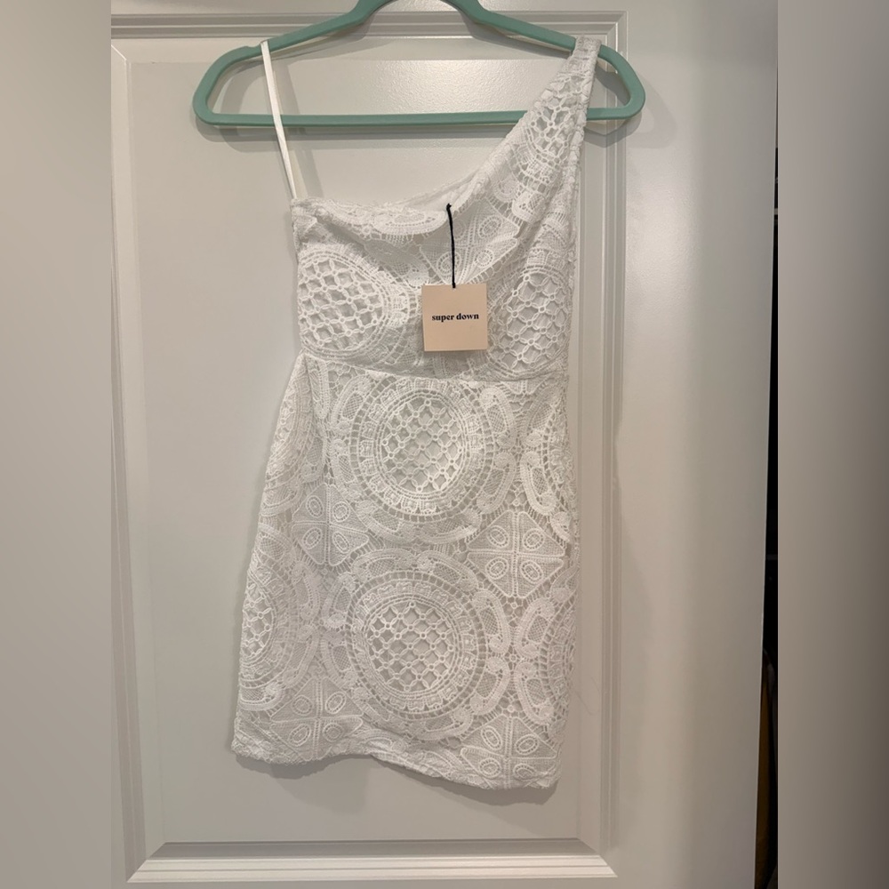 Superdown One-Shoulder Lace Dress in White